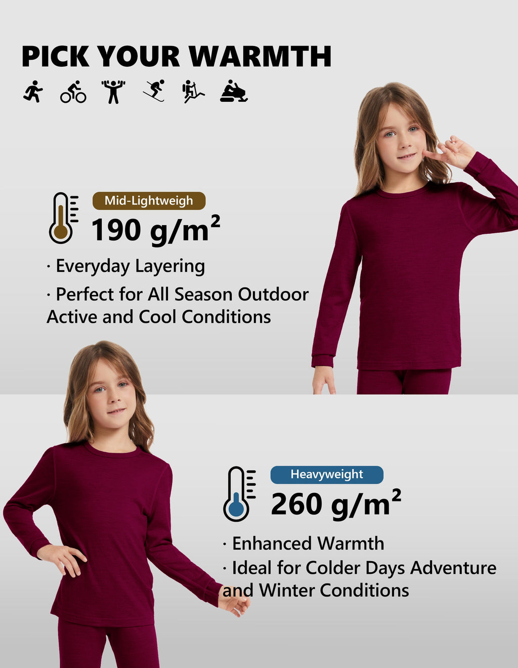 Woolcano Kid's 190g Merino Wool Unisex Base Layer Set Lightweight Thermal Underwear