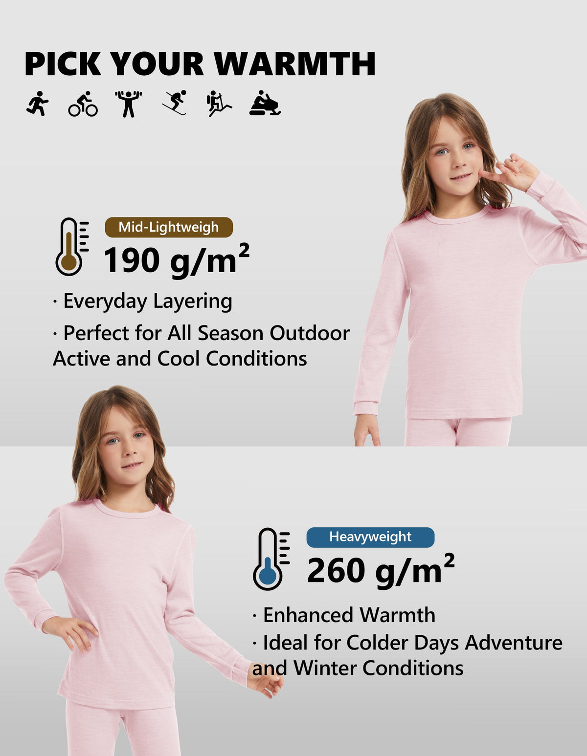 Woolcano Kid's 190g Merino Wool Unisex Base Layer Set Lightweight Thermal Underwear