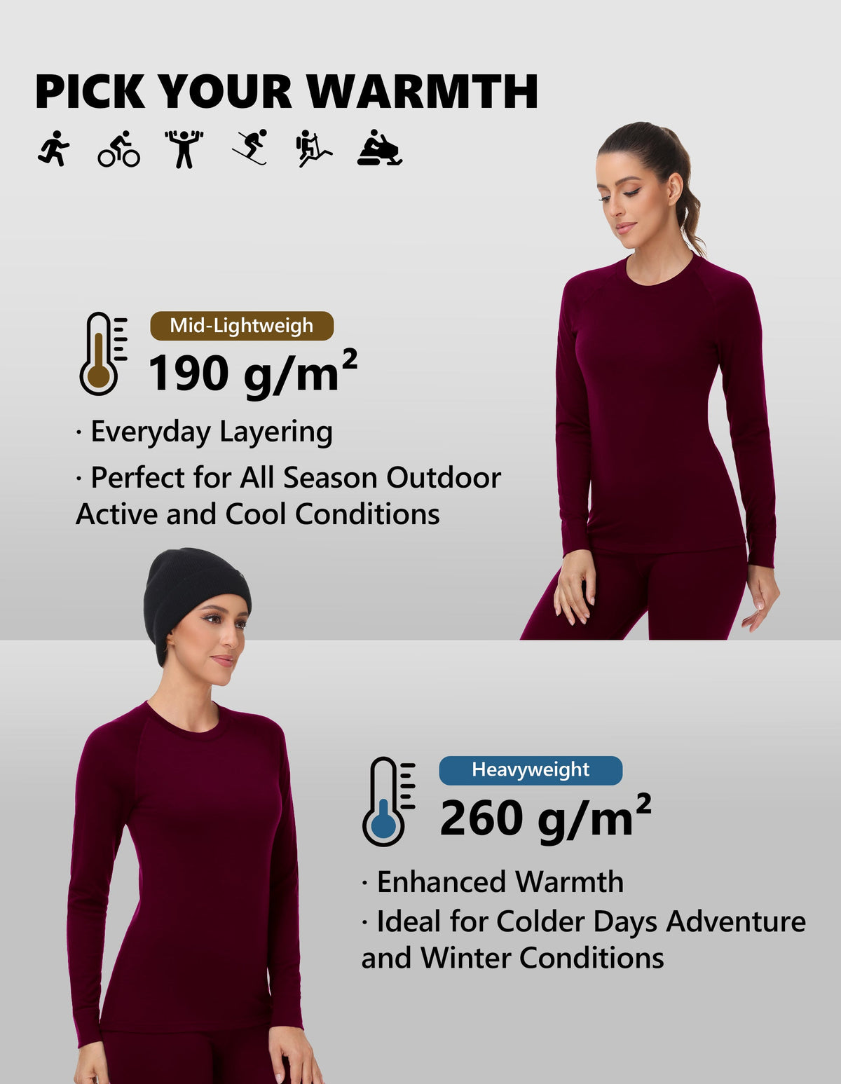 Woolcano Women's 190g Merino Wool Base Layer Set Lightweight Thermal Underwear