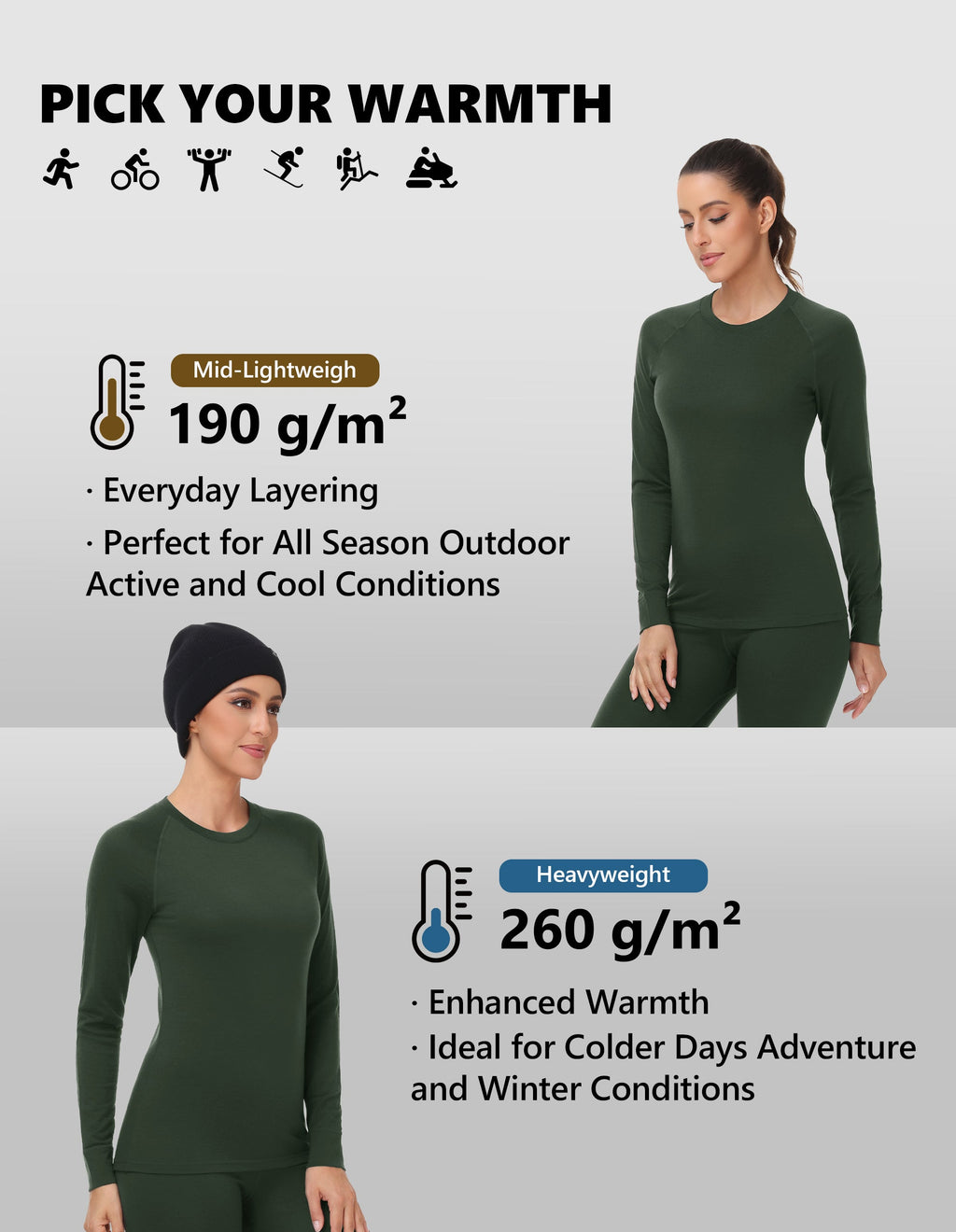 Woolcano Women's 190g Merino Wool Base Layer Set Lightweight Thermal Underwear