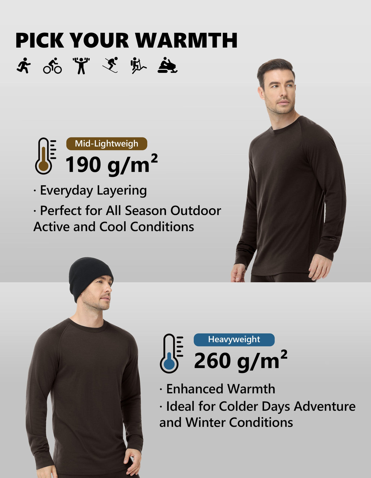 Woolcano Men’s 260g Merino Wool Base Layer Set Lightweight Thermal Underwear