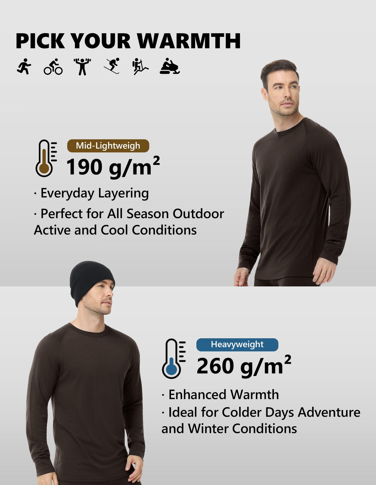 Woolcano Men’s 260g Merino Wool Base Layer Top Lightweight Thermal Underwear Shirt