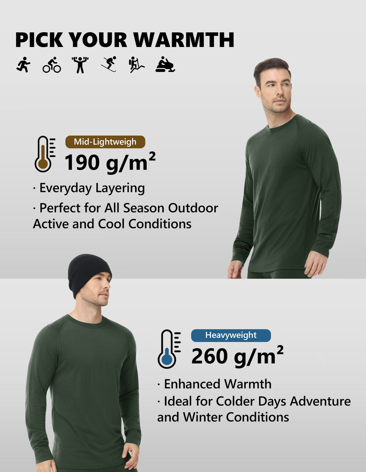 Woolcano Men’s 260g Merino Wool Base Layer Top Lightweight Thermal Underwear Shirt