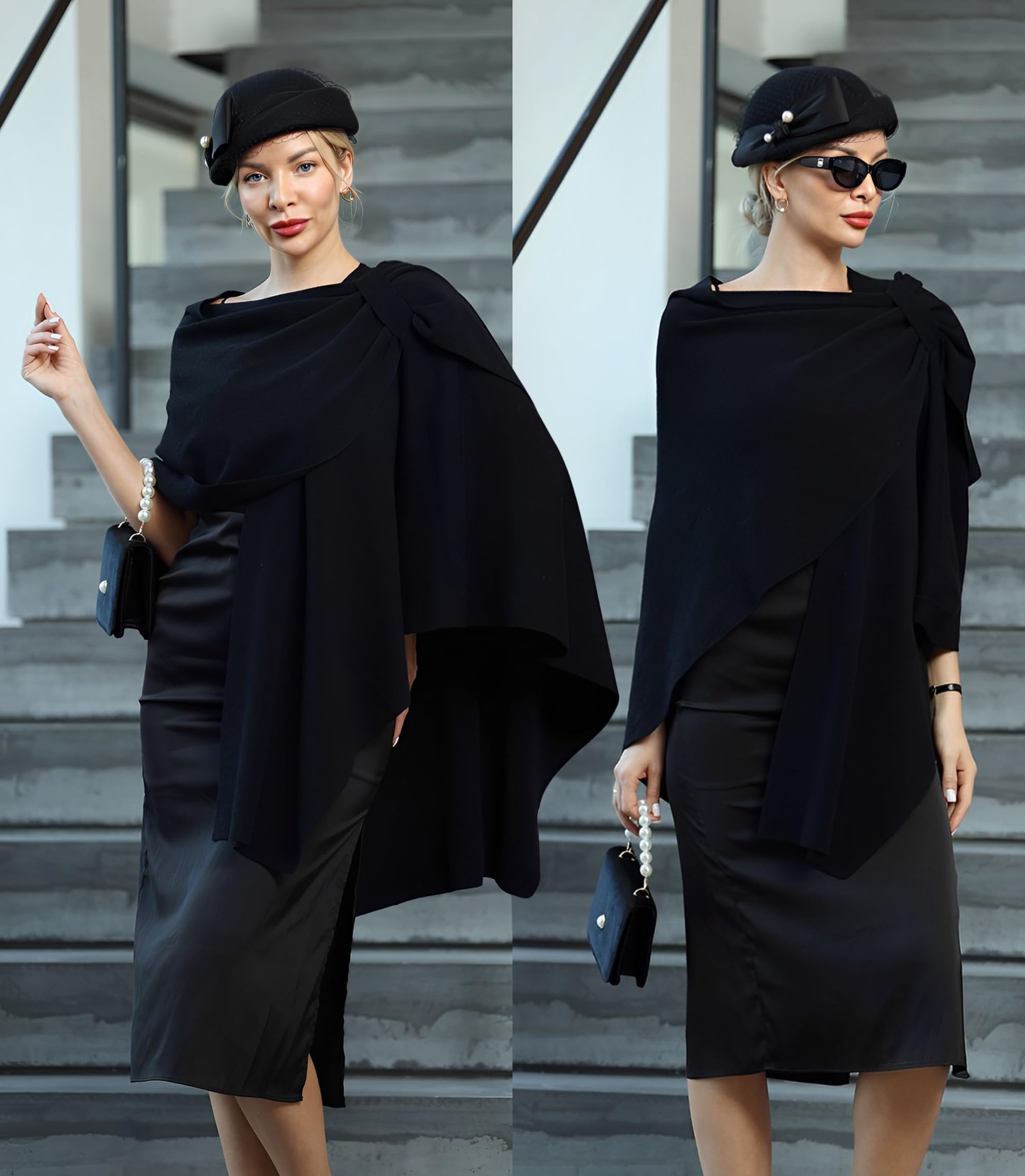 PULI Women's Large Cross Front Poncho Sweater Wraps Topper Knitted Elegant Shawls Cape for Fall Winter