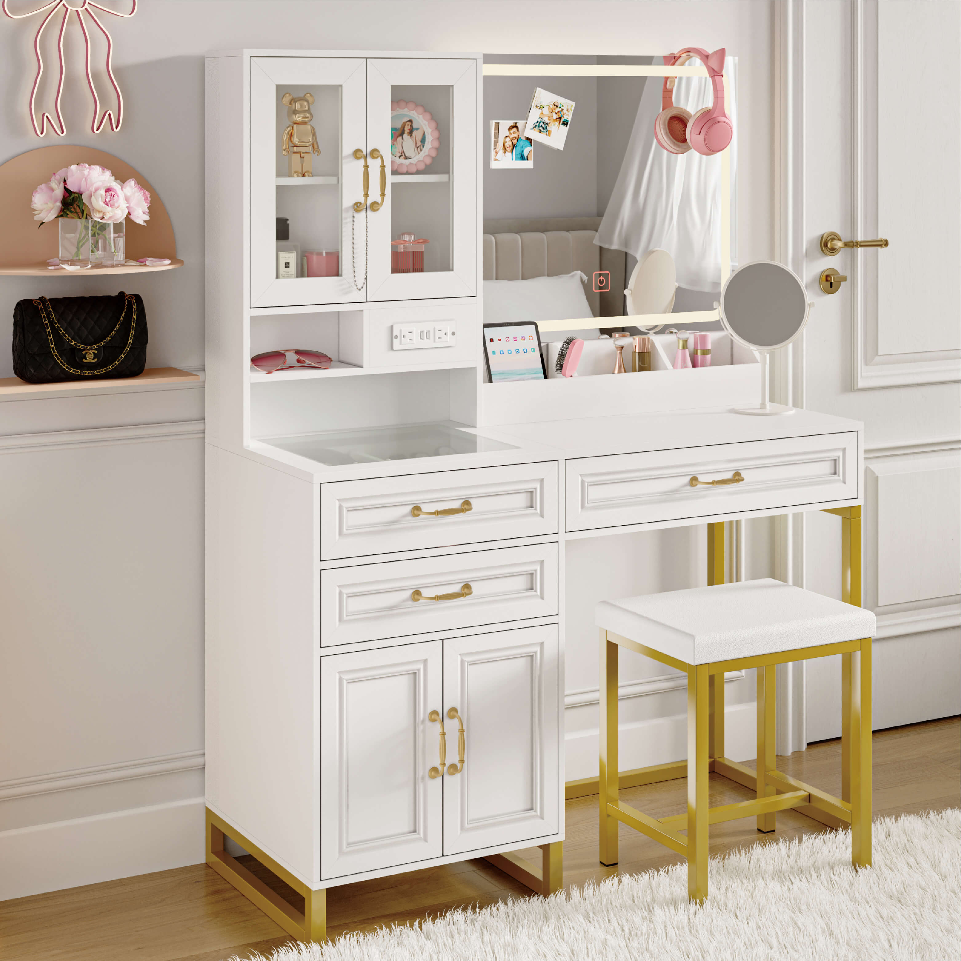 Makeup Vanity Desk with Lights and Mirror, Glass Top Vanity Table with Power Outlet, Adjustable 3-Color LED, 4-Door Vanity with Drawers and Chair for Bedroom