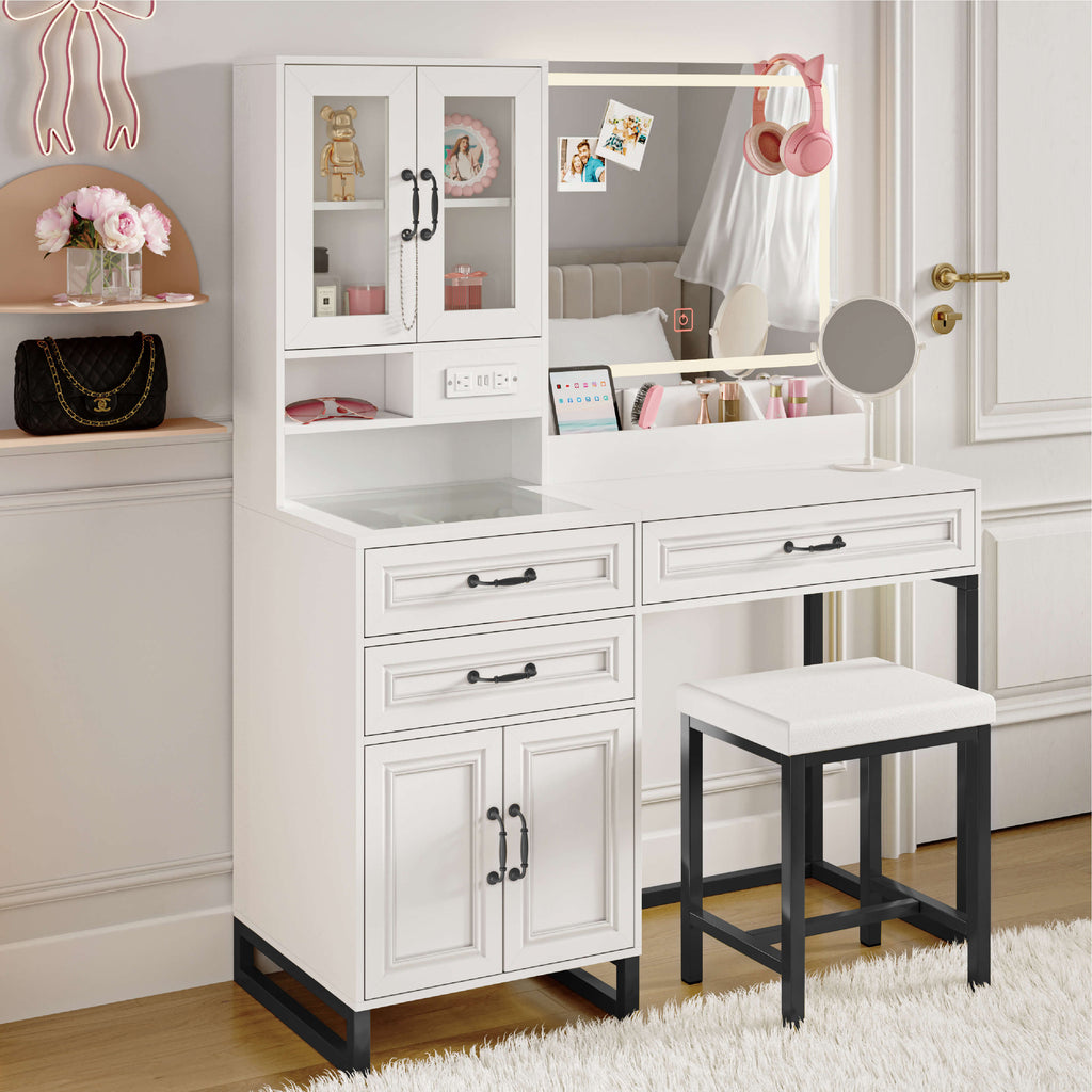 Makeup Vanity Desk with Lights and Mirror, Glass Top Vanity Table with Power Outlet, Adjustable 3-Color LED, 4-Door Vanity with Drawers and Chair for Bedroom