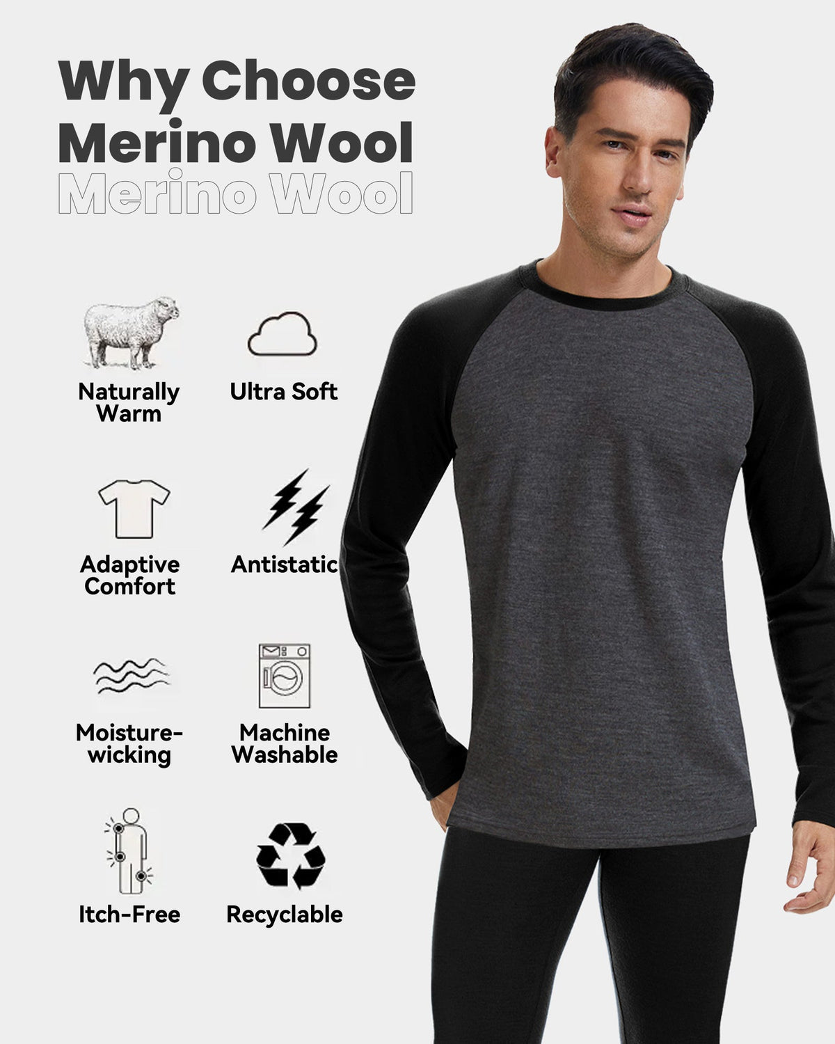 Woolcano Men’s 260g Merino Wool Base Layer Top Lightweight Thermal Underwear Shirt
