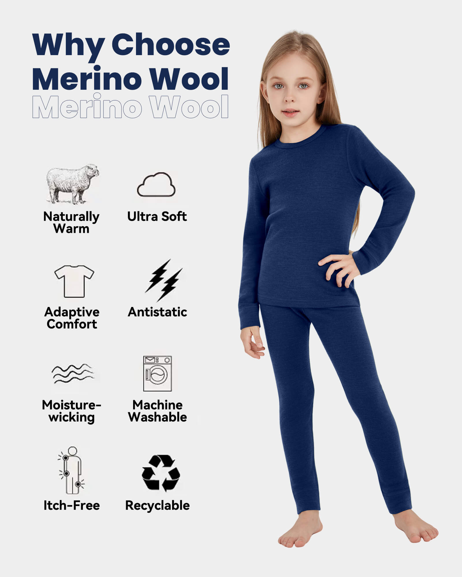 Woolcano Kid's 260 Merino Wool Unisex Base Layer Set Midweight Thermal Underwear Set