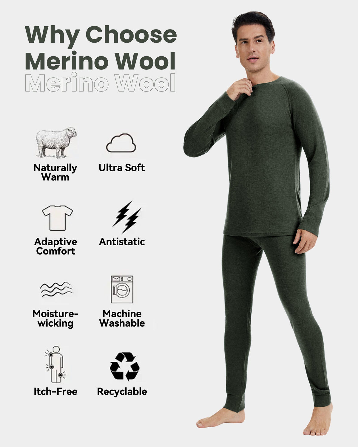 Woolcano Men’s 260g Merino Wool Base Layer Set Lightweight Thermal Underwear