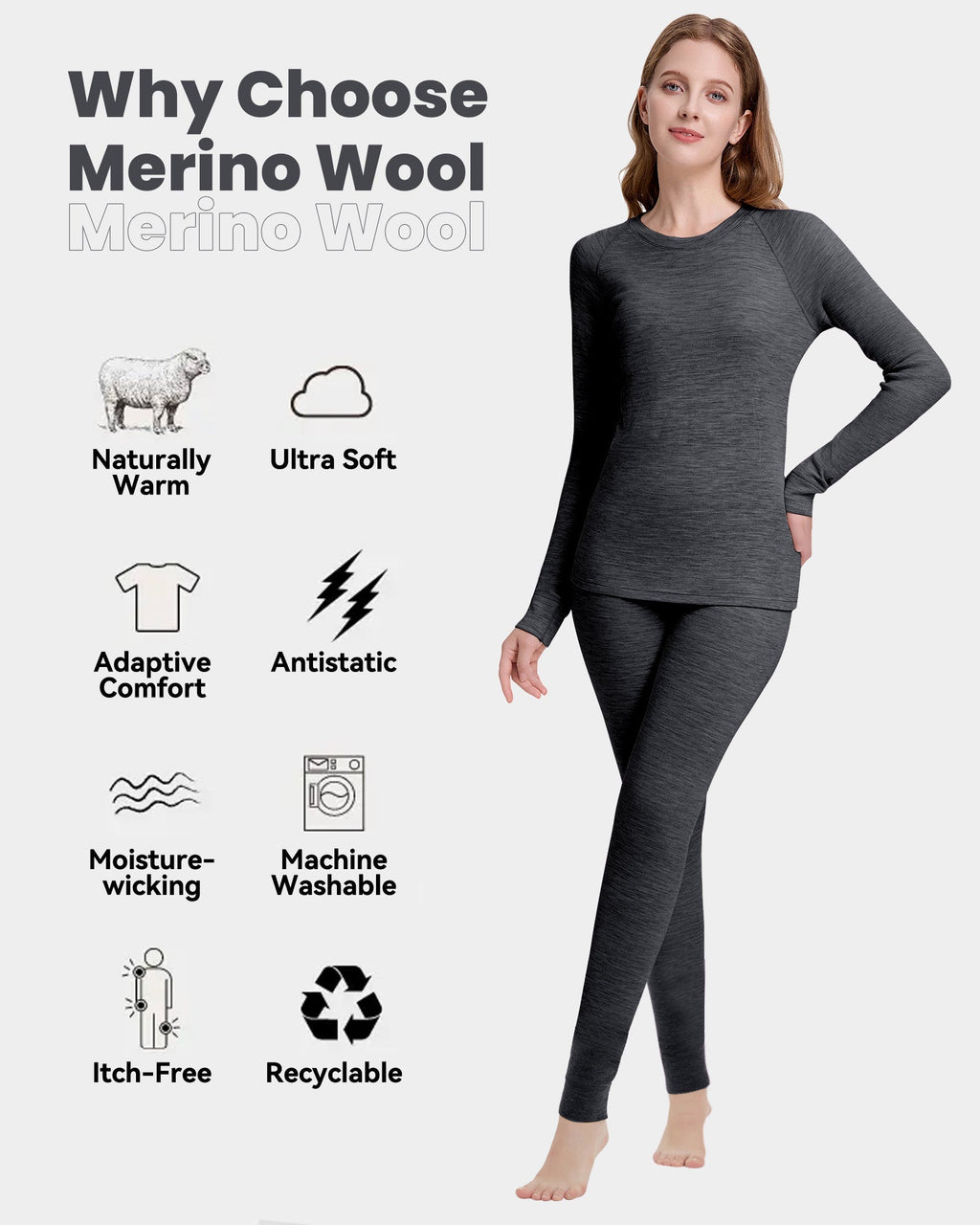 Woolcano Women's 260g Merino Wool Base Layer Set Lightweight Thermal Underwear