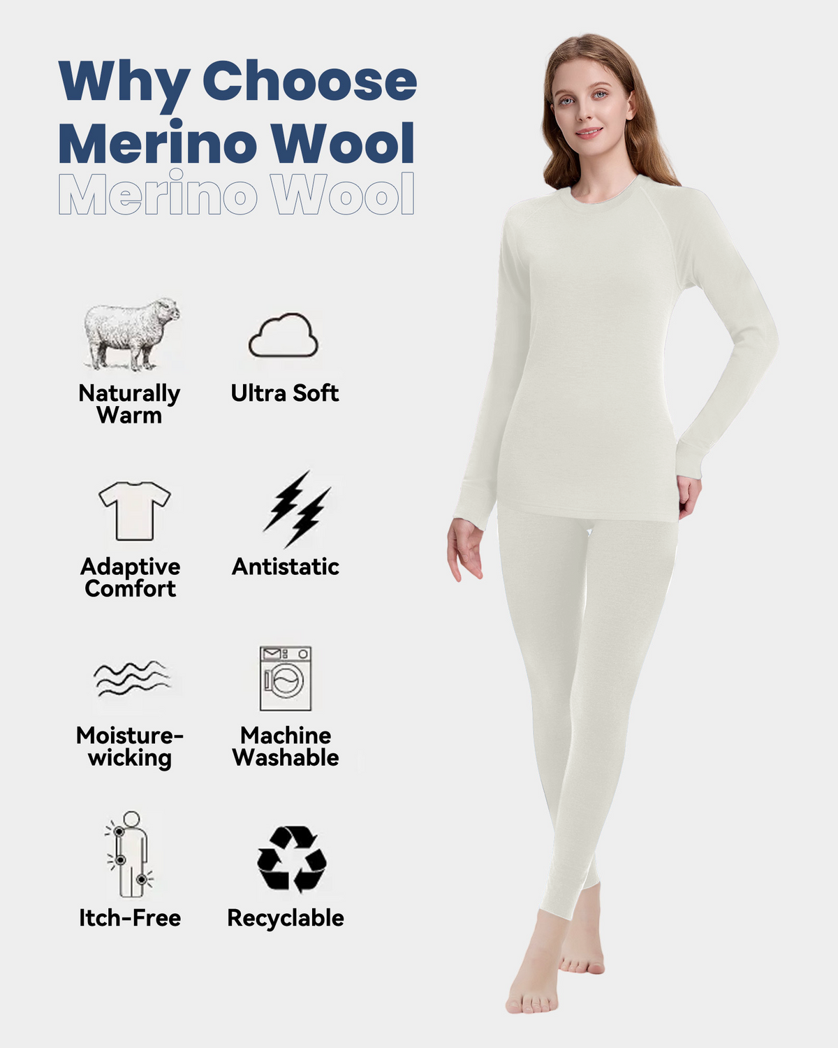 Woolcano Women's 260g Merino Wool Base Layer Set Lightweight Thermal Underwear