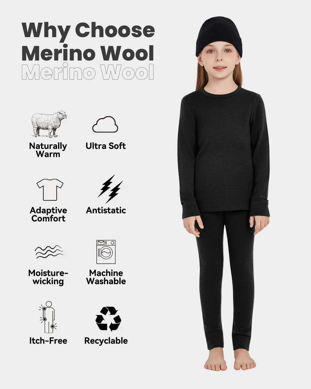 Woolcano Kid's 260g Merino Wool Unisex Base Layer Set Lightweight Thermal Underwear