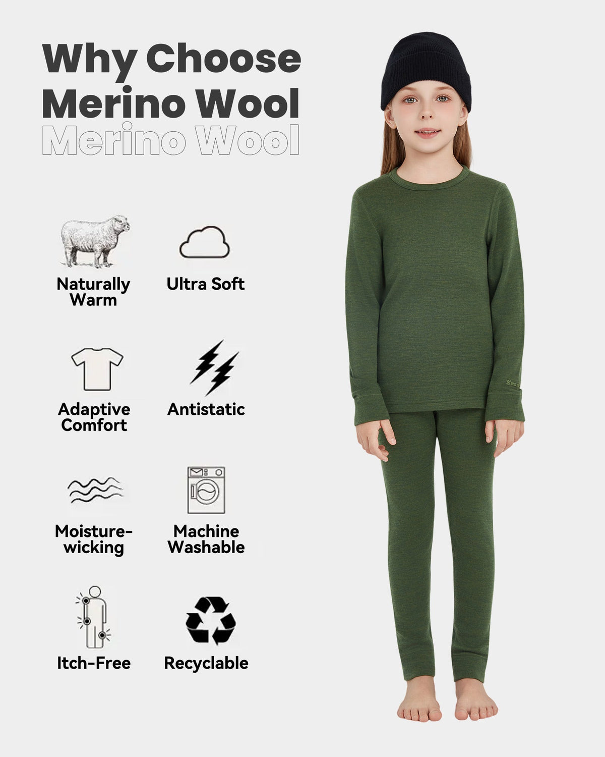 Woolcano Kid's 190g Merino Wool Unisex Base Layer Set Lightweight Thermal Underwear