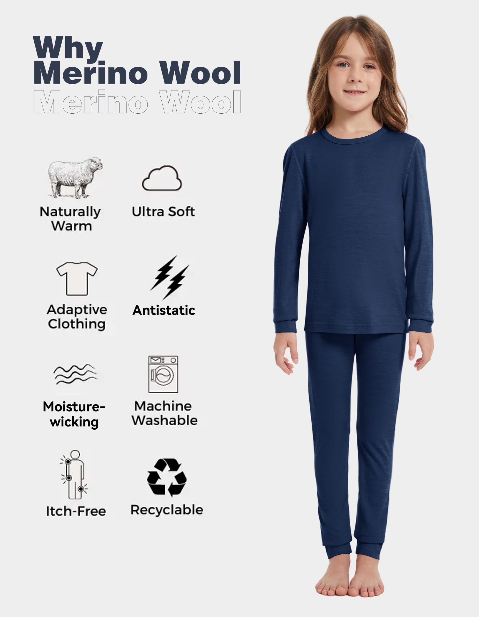 Woolcano Kids' 190 Merino Wool Unisex Base Layer Set Lightweight Thermal Underwear Set