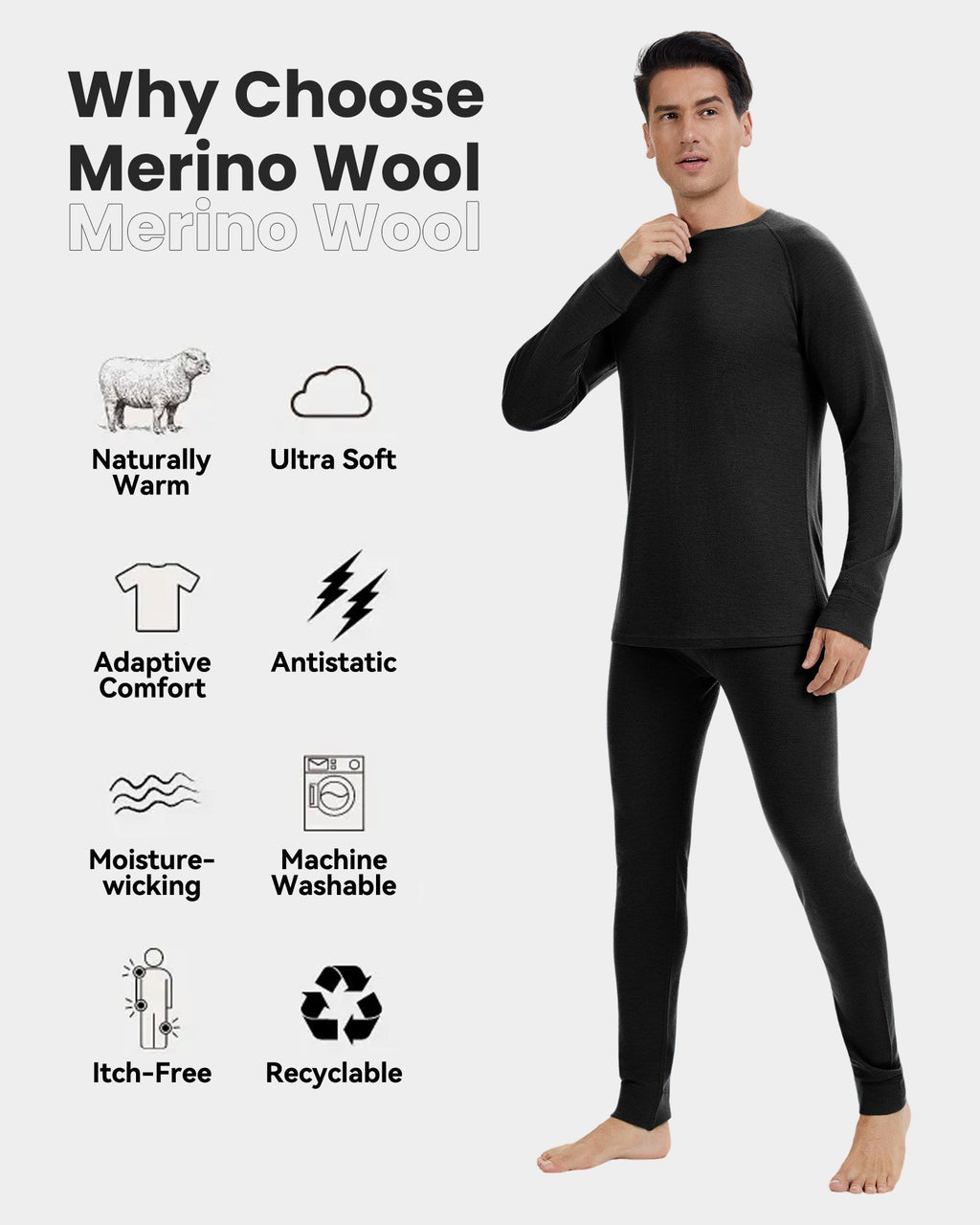 Woolcano Men’s 260 Merino Wool Base Layer Set Midweight Thermal Underwear Set