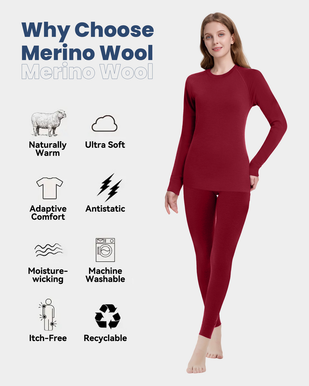 Woolcano Women's 260g Merino Wool Base Layer Set Lightweight Thermal Underwear