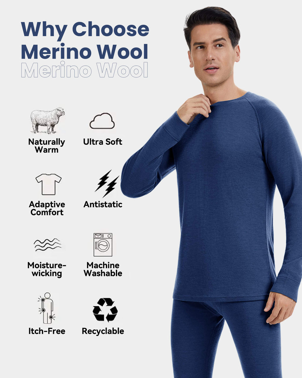 Woolcano Men’s 260 Merino Wool Base Layer Top Midweight Thermal Underwear Shirt