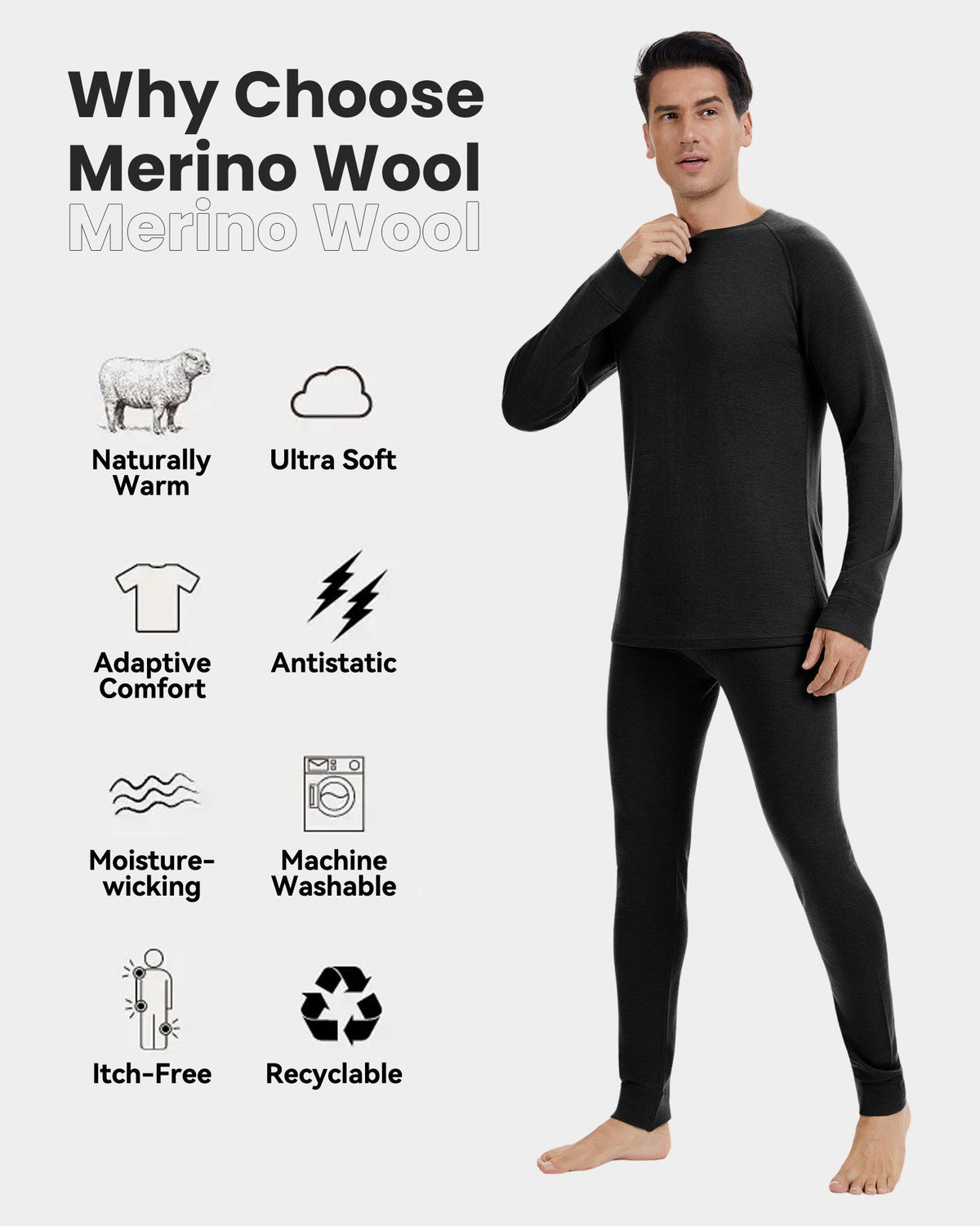 Woolcano Men’s 260g Merino Wool Base Layer Set Lightweight Thermal Underwear