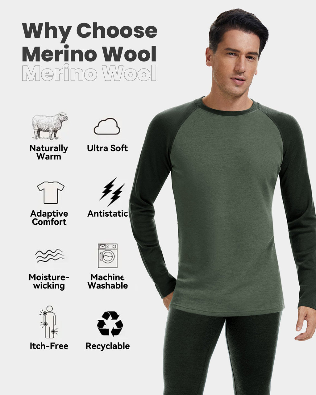 Woolcano Men’s 260g Merino Wool Base Layer Top Lightweight Thermal Underwear Shirt