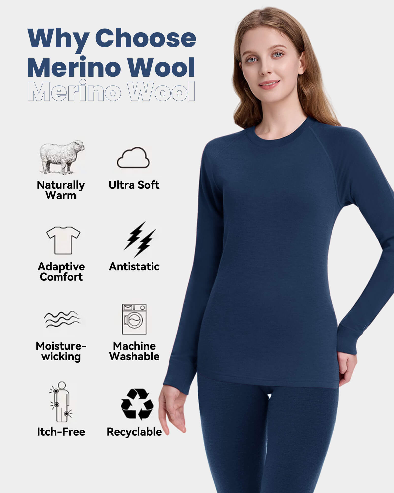 Woolcano Women's 190 Merino Wool Base Layer Shirt Lightweight Thermal Underwear Top