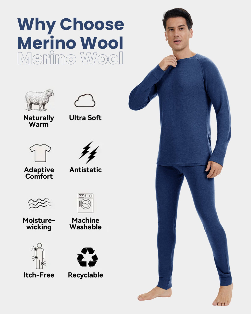 Woolcano Men’s 190g Merino Wool Base Layer Set Lightweight Thermal Underwear