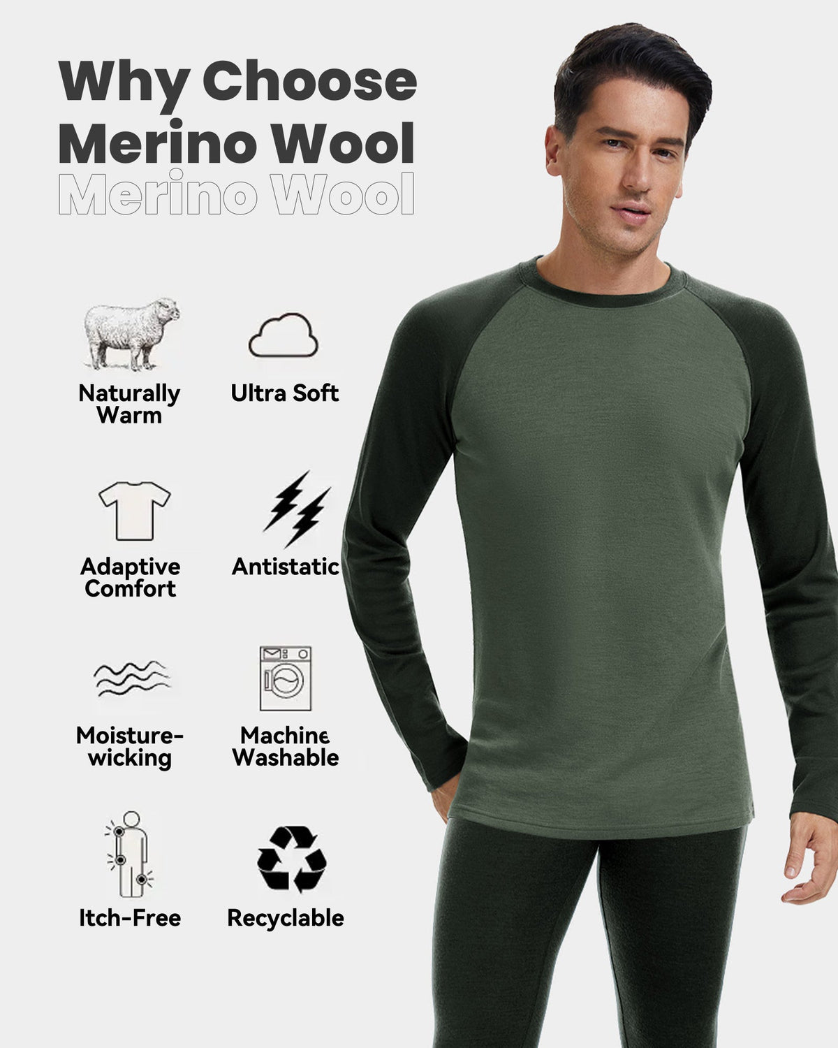Woolcano Men’s 260g Merino Wool Base Layer Top Lightweight Thermal Underwear Shirt