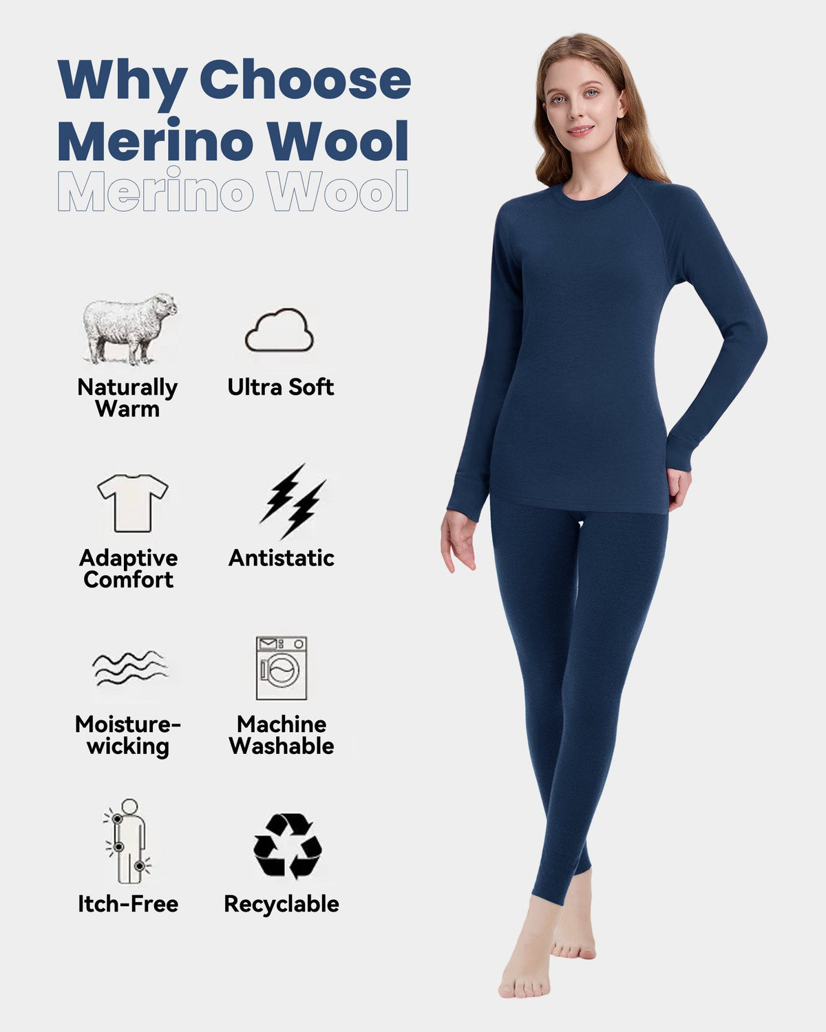 Woolcano Women's 260g Merino Wool Base Layer Set Lightweight Thermal Underwear