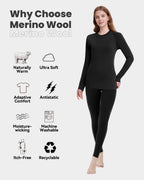 Woolcano Women's 190 Merino Wool Base Layer Set Lightweight Thermal Underwear Set