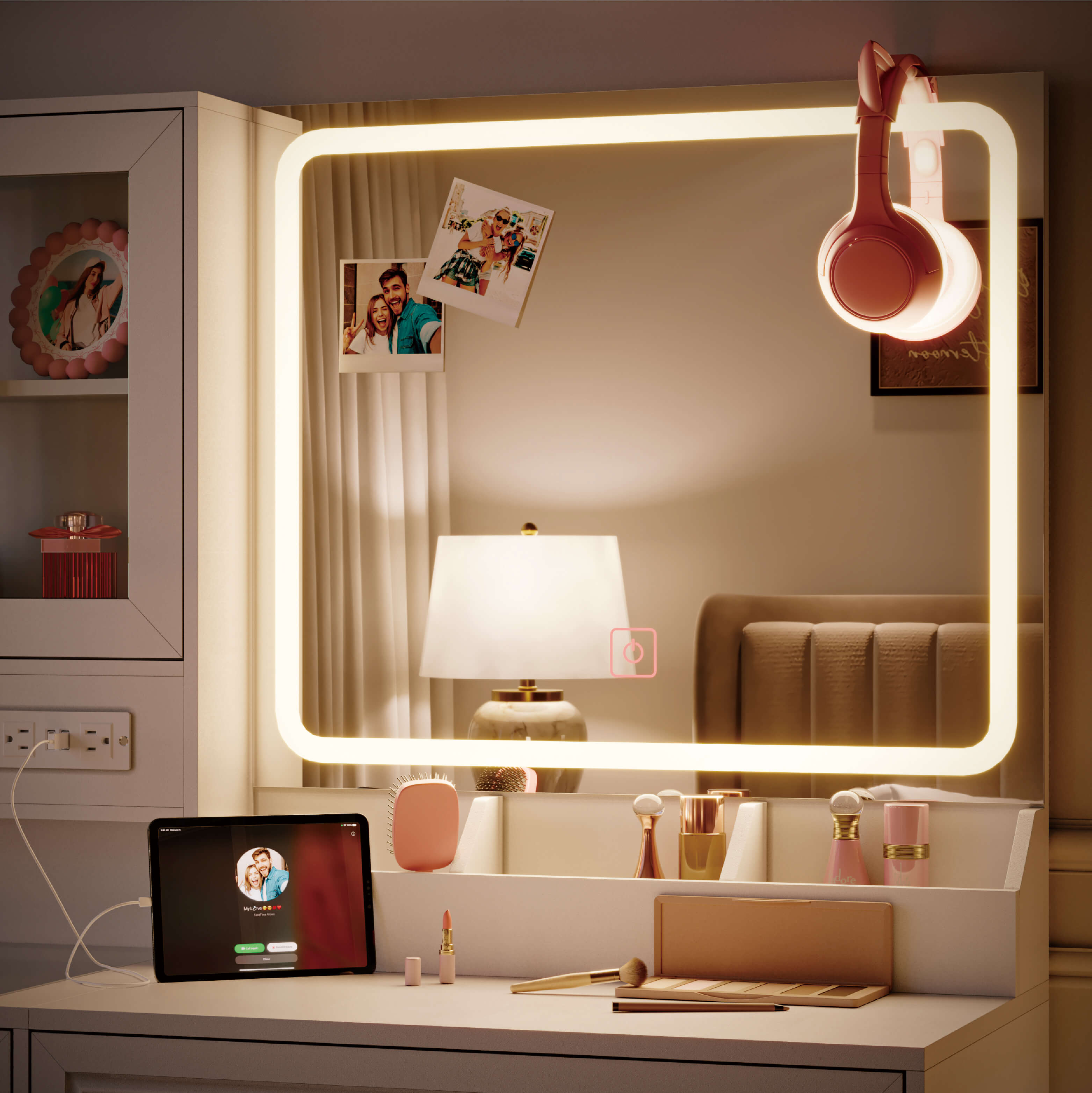 Makeup Vanity Desk with Lights and Mirror, Glass Top Vanity Table with Power Outlet, Adjustable 3-Color LED, 4-Door Vanity with Drawers and Chair for Bedroom