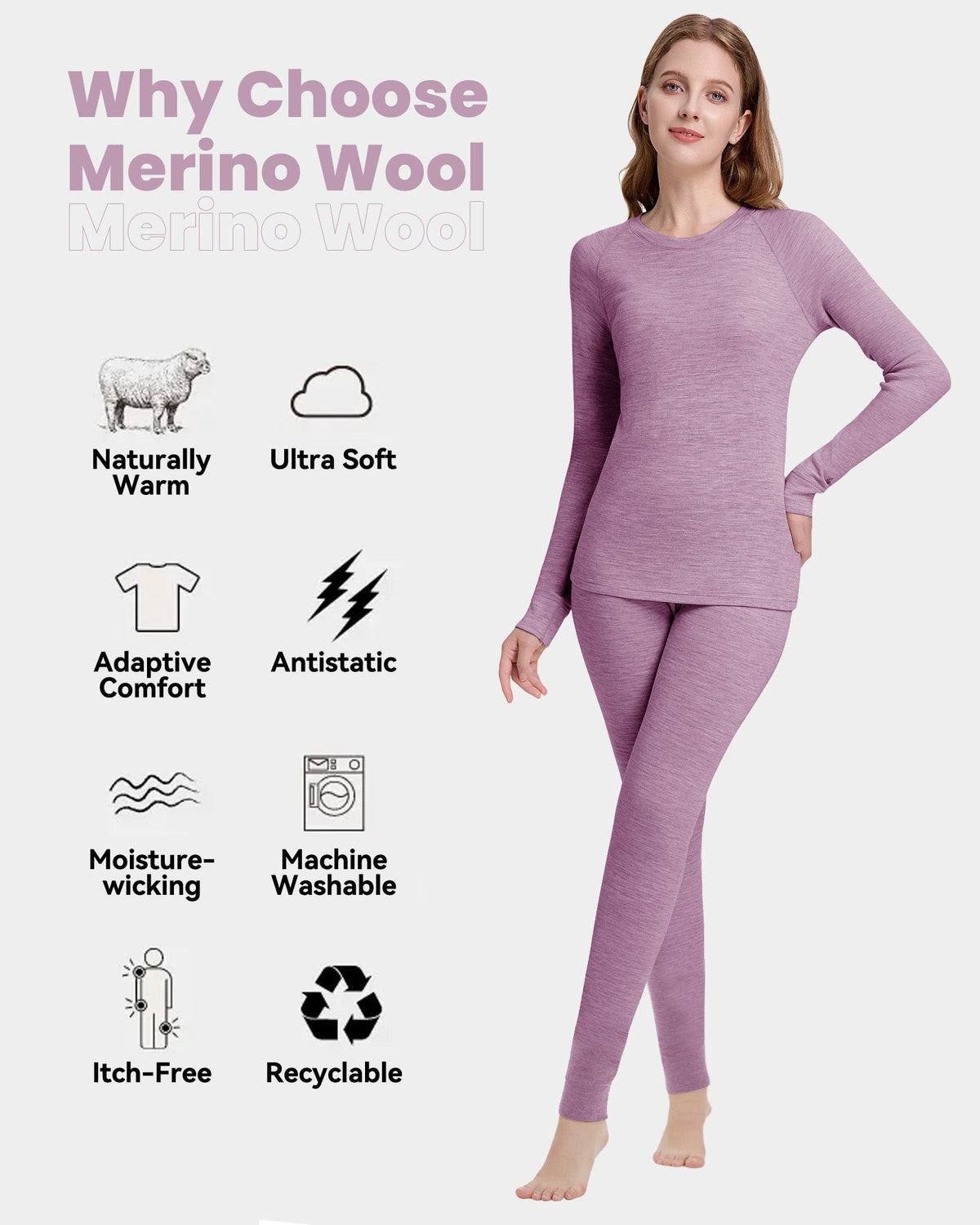 Woolcano Women's 260g Merino Wool Base Layer Set Lightweight Thermal Underwear