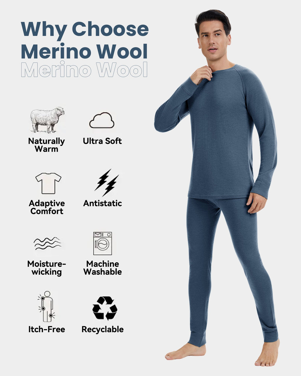 Woolcano Men’s 260g Merino Wool Base Layer Set Lightweight Thermal Underwear