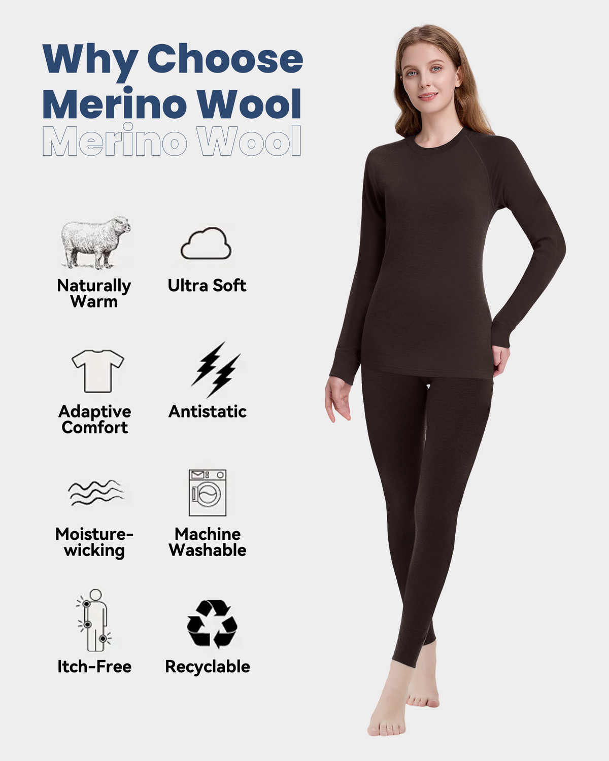 Woolcano Women's 260g Merino Wool Base Layer Set Lightweight Thermal Underwear