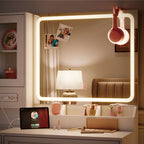 Makeup Vanity Desk with Lights and Mirror, Glass Top Vanity Table with Power Outlet, Adjustable 3-Color LED, 4-Door Vanity with Drawers and Chair for Bedroom