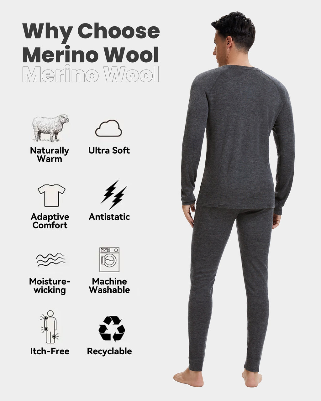 Woolcano Men’s 190g Merino Wool Base Layer Set Lightweight Thermal Underwear