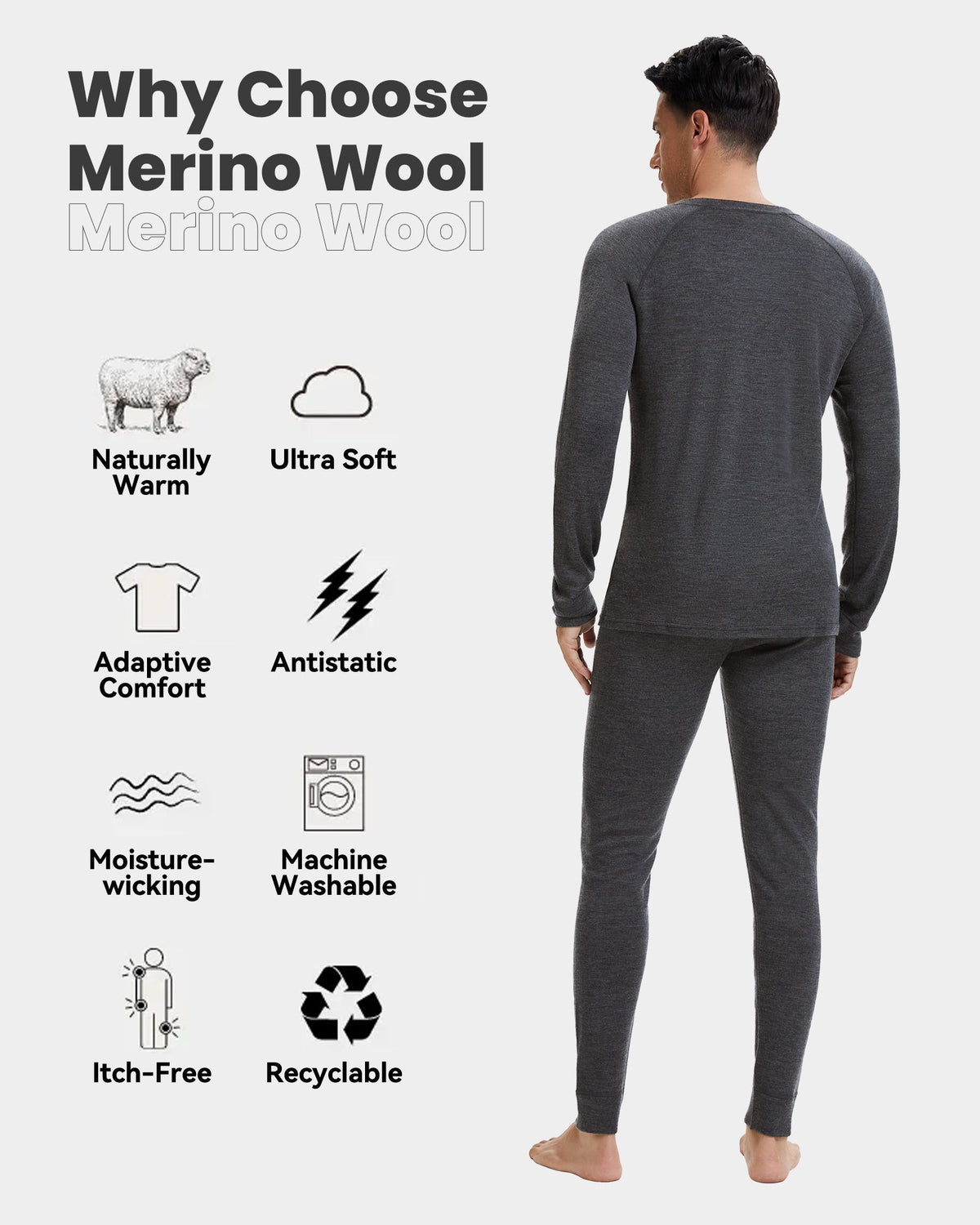 Woolcano Men’s 190g Merino Wool Base Layer Set Lightweight Thermal Underwear