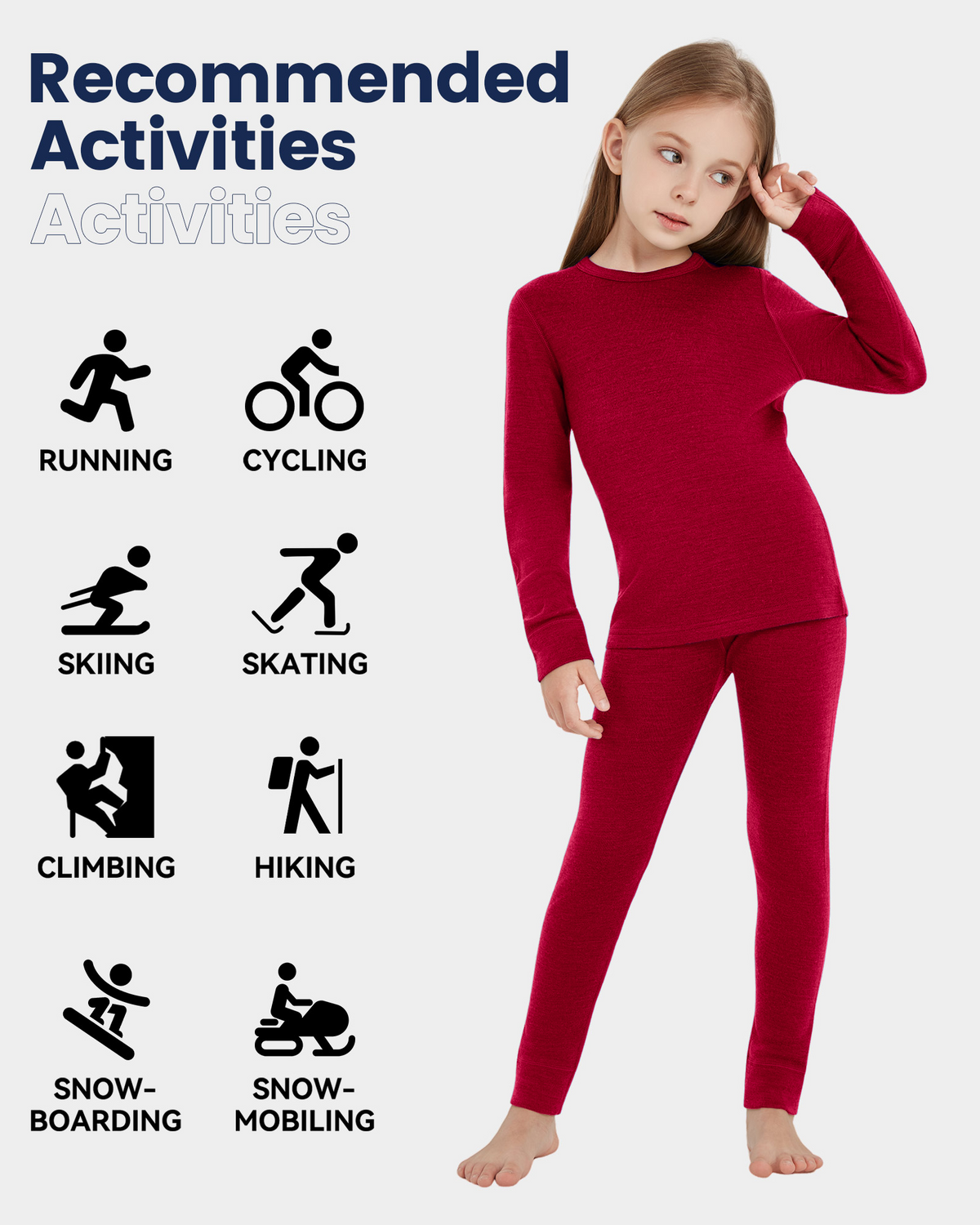 Woolcano Kid's 190g Merino Wool Unisex Base Layer Set Lightweight Thermal Underwear
