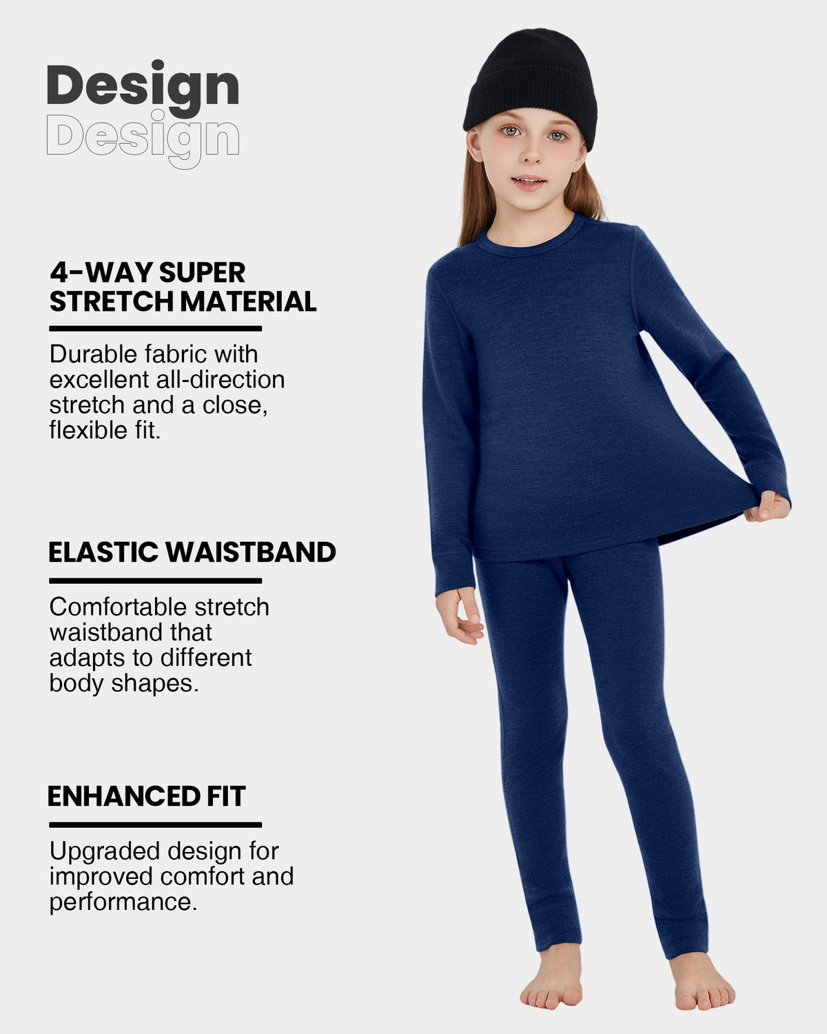 Woolcano Kid's 190g Merino Wool Unisex Base Layer Set Lightweight Thermal Underwear