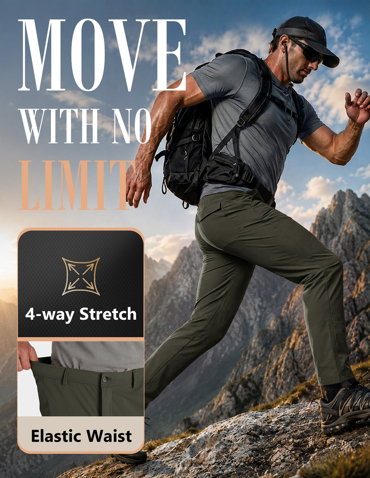 PULI Men's Hiking Pants 4-Way Stretch Quick Dry Water Resistant Lightweight