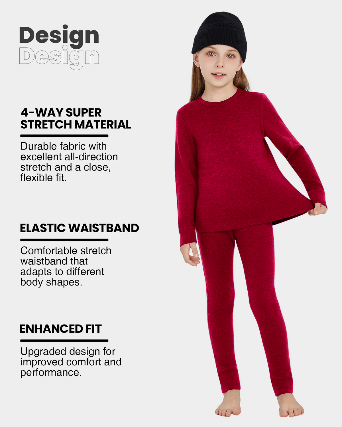 Woolcano Kid's 190g Merino Wool Unisex Base Layer Set Lightweight Thermal Underwear