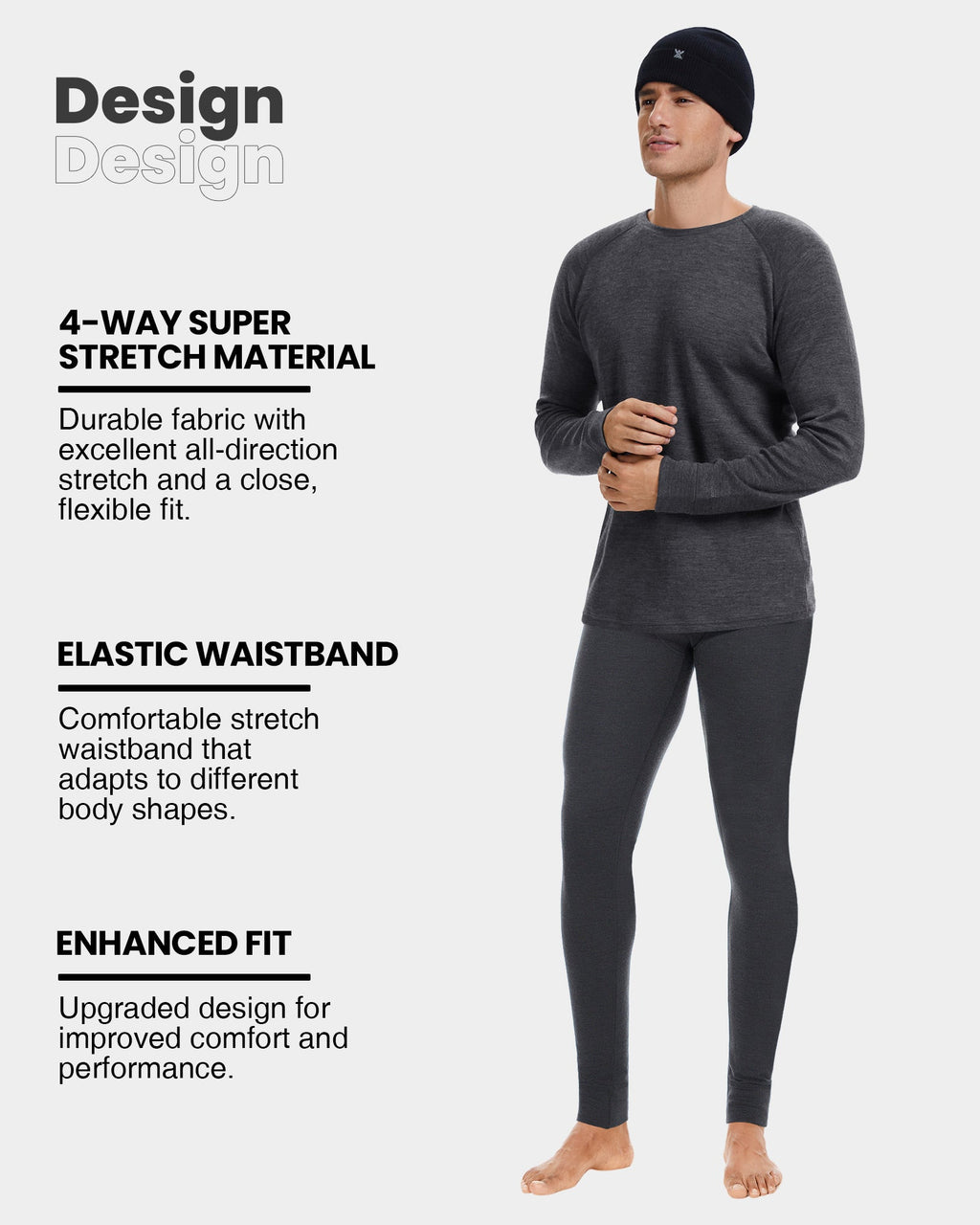 Woolcano Men’s 190g Merino Wool Base Layer Set Lightweight Thermal Underwear