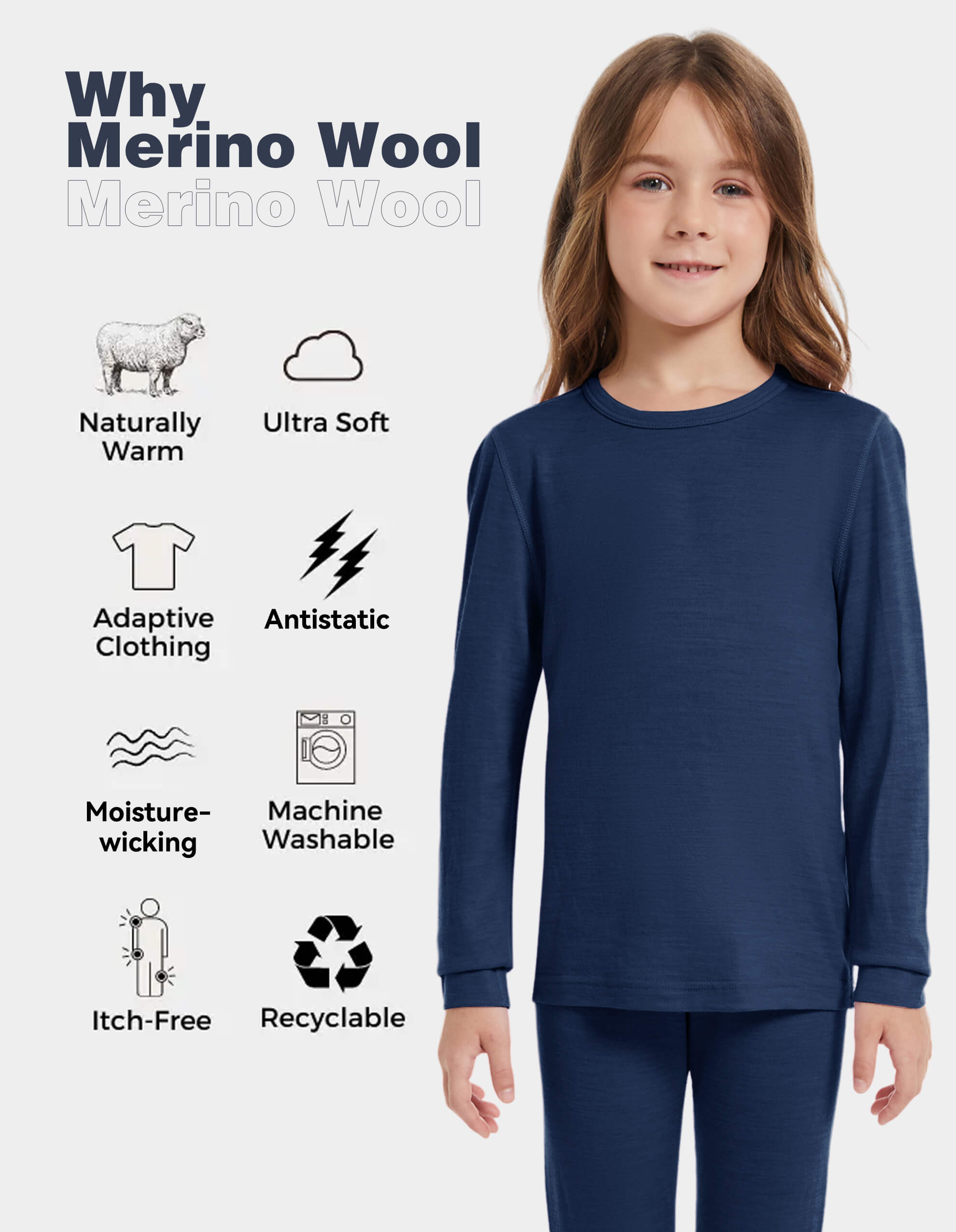 Woolcano Kid's 190 Merino Wool Unisex Base Layer Shirt Lightweight Thermal Underwear Top