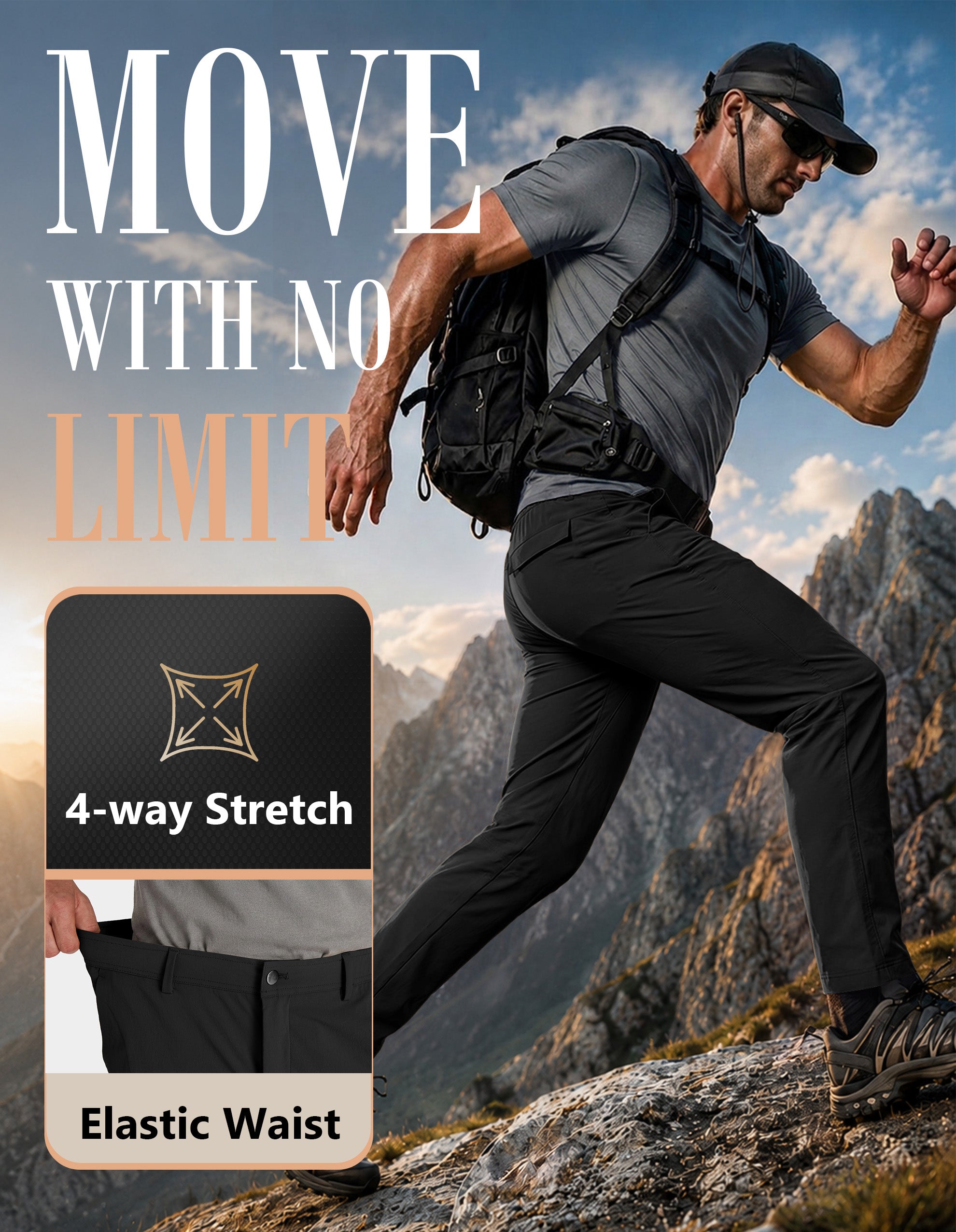 PULI Men's Hiking Pants 4-Way Stretch Quick Dry Water Resistant Lightweight