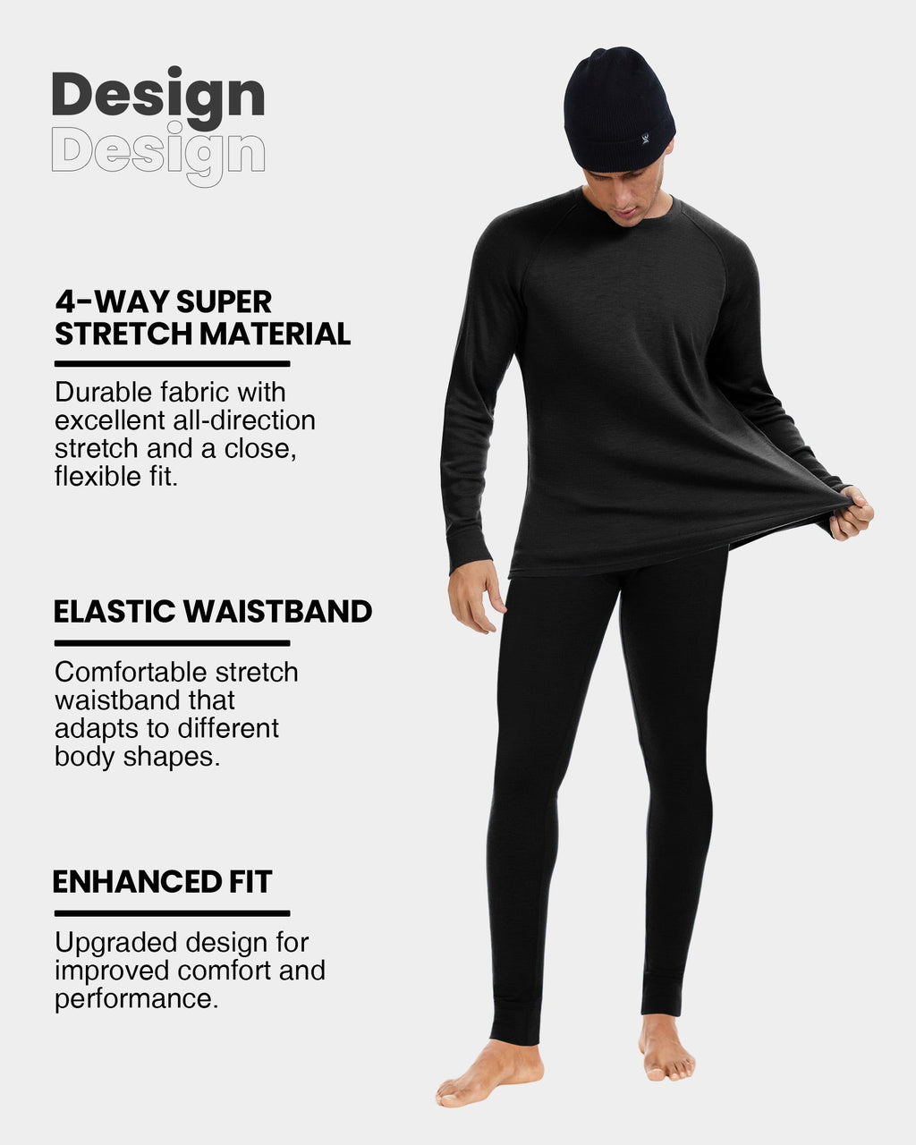 Woolcano Men’s 260g Merino Wool Base Layer Set Lightweight Thermal Underwear