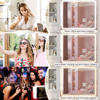 Makeup Vanity Desk with Lights and Mirror, Glass Top Vanity Table with Power Outlet, Adjustable 3-Color LED, 4-Door Vanity with Drawers and Chair for Bedroom