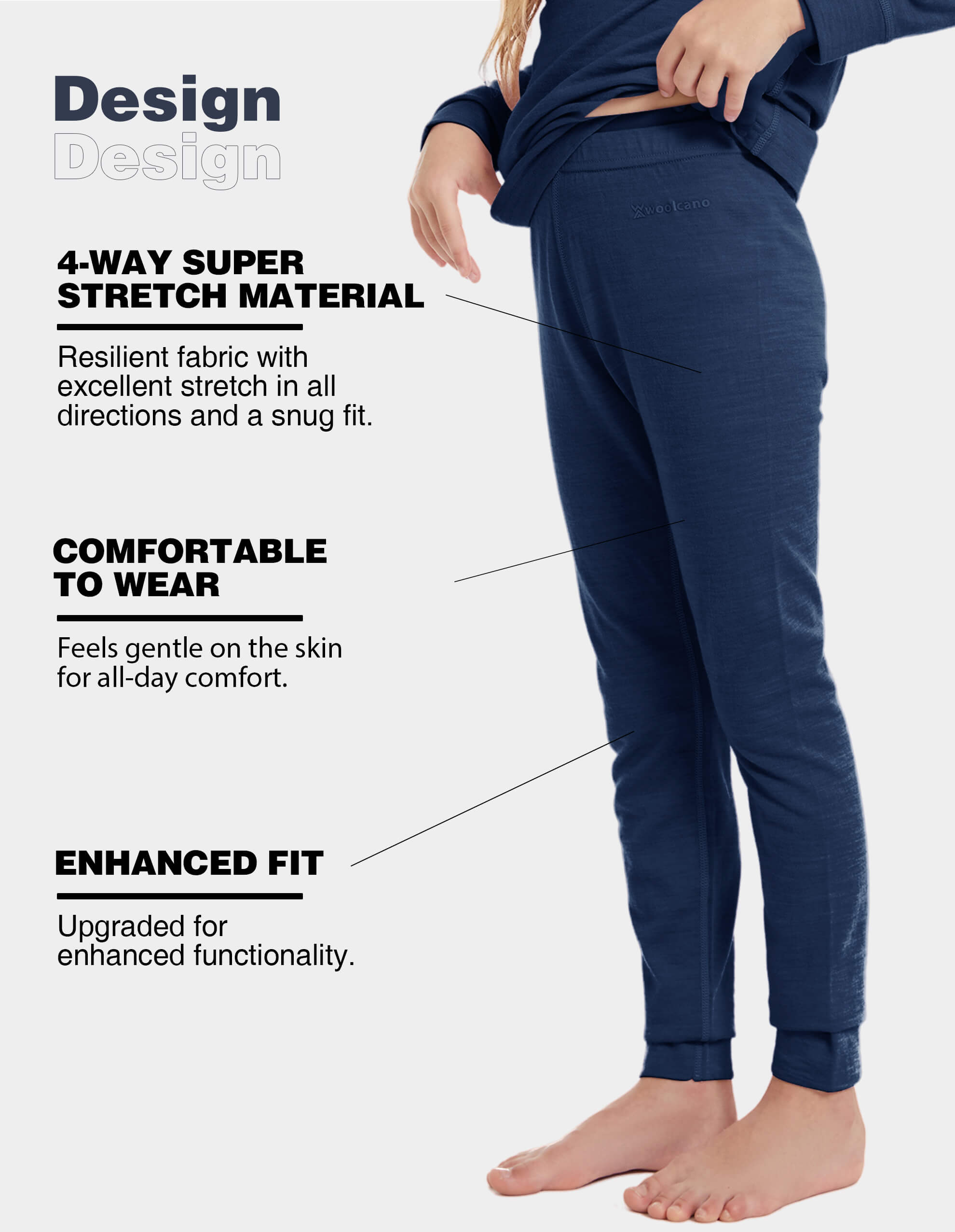 Woolcano Kid's 190 Merino Wool Unisex Base Layer Pants Lightweight Thermal Underwear Bottom