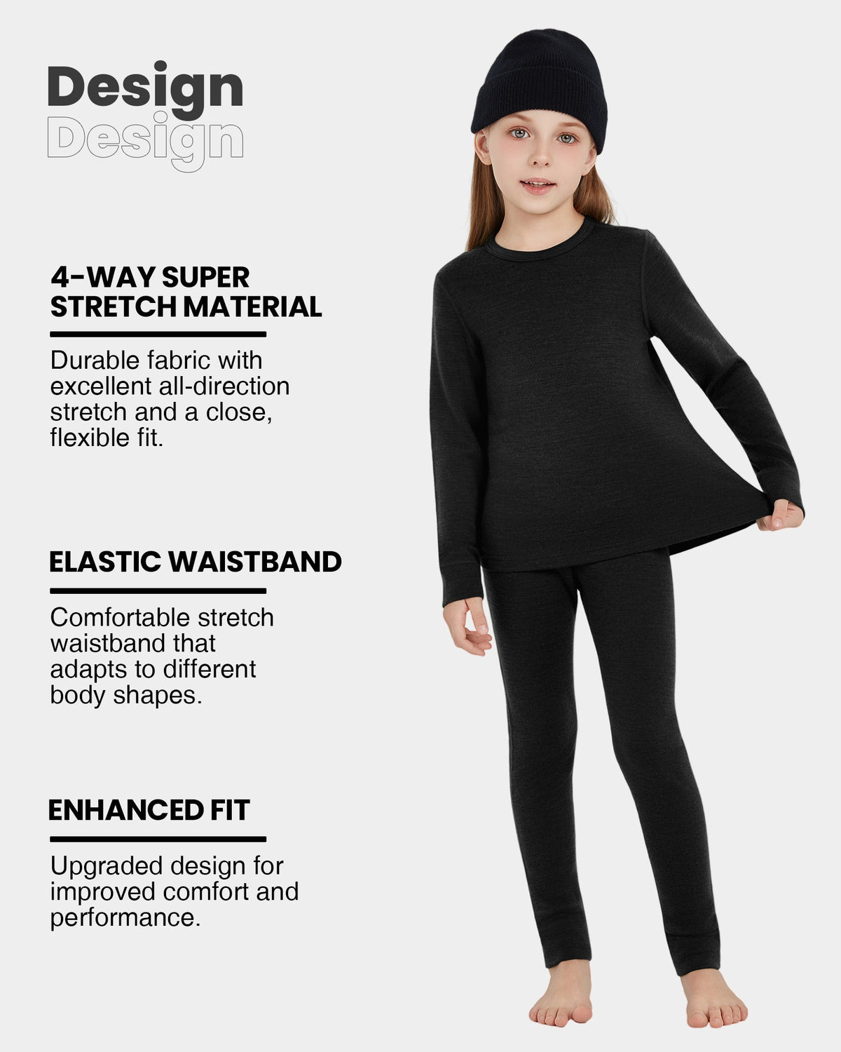Woolcano Kid's 260g Merino Wool Unisex Base Layer Set Lightweight Thermal Underwear