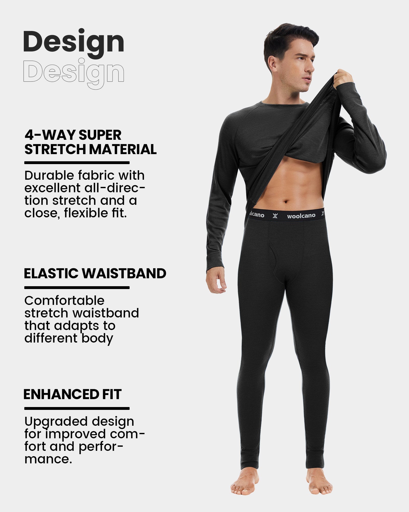 Woolcano Men’s 190 Merino Wool Base Layer Set Lightweight Thermal Underwear Set