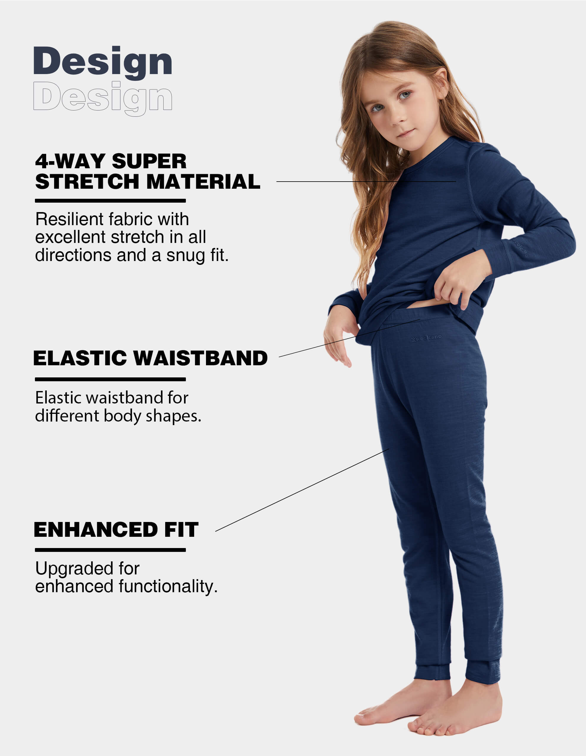 Woolcano Kids' 190 Merino Wool Unisex Base Layer Set Lightweight Thermal Underwear Set
