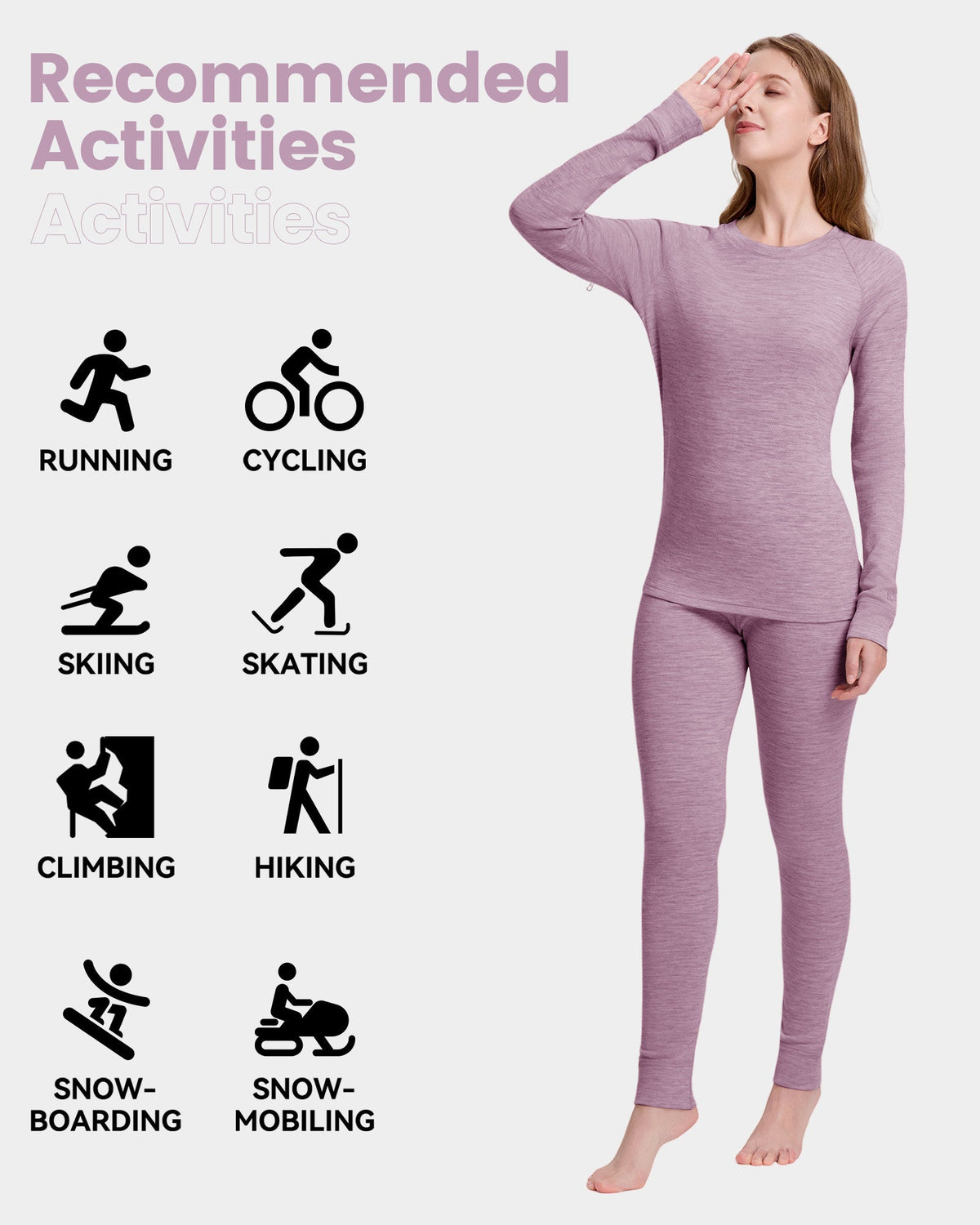 Woolcano Women's 260g Merino Wool Base Layer Set Lightweight Thermal Underwear