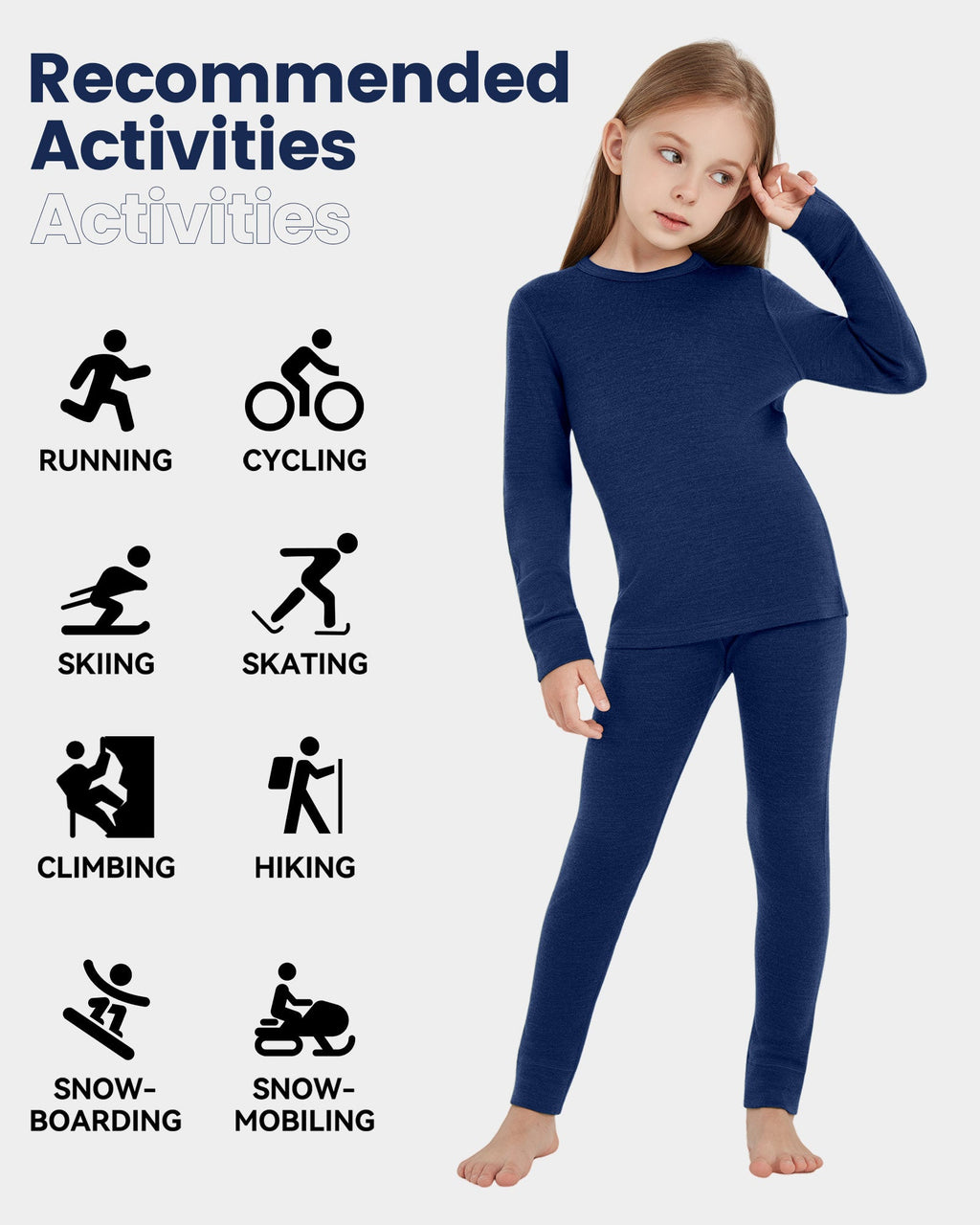 Woolcano Kid's 190g Merino Wool Unisex Base Layer Set Lightweight Thermal Underwear